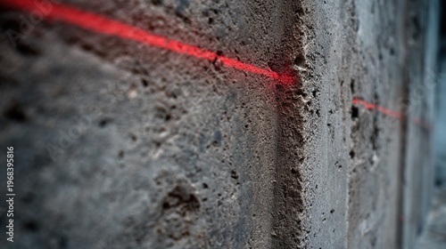 chro. A red laser line projected on a textured concrete wall at a construction site. real-estate listings.