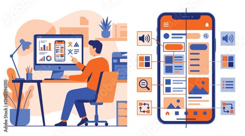 A focused male designer meticulously crafts a mobile application user interface on a large desktop computer in a modern, well-lit office environment.