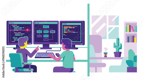 Two pixel art programmers collaborate on coding and system architecture using a vibrant three-monitor setup in a modern, stylized office with a cactus plant.