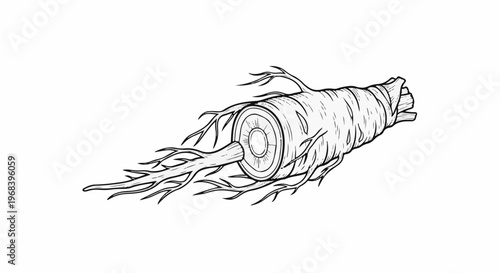 Ink drawing of a root vegetable, cross-section visible, with thin rootlets