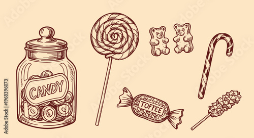 An outline sketch vector illustration of candies and sweets in a jar and on a table