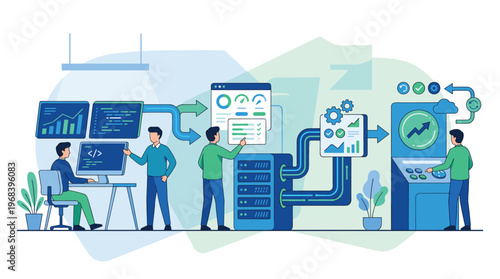 A team of diligent IT professionals manages a complex data processing workflow from coding to server maintenance in a clean, conceptual technology environment.
