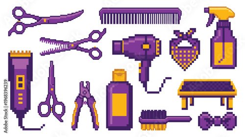 A vibrant set of purple and yellow pixel art icons for pet grooming, including detailed scissors, clippers, and a hairdryer, is displayed against a plain white background.