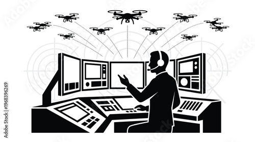 A skilled operator in a high-tech control room manages a large swarm of autonomous drones, depicted in a stark black and white silhouette style with radar graphics.