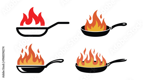 Frying pan with a fire flame cooking process. hot food concept. illustration.