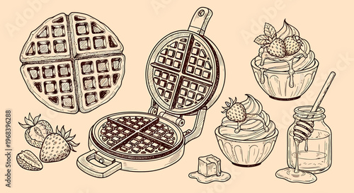 An outline sketch vector illustration of waffles and sweet treats with strawberries and honey on a dessert table setting