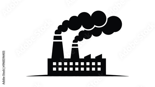 Industrial factory with two chimneys emitting smoke symbols of pollution and environmental issues.
