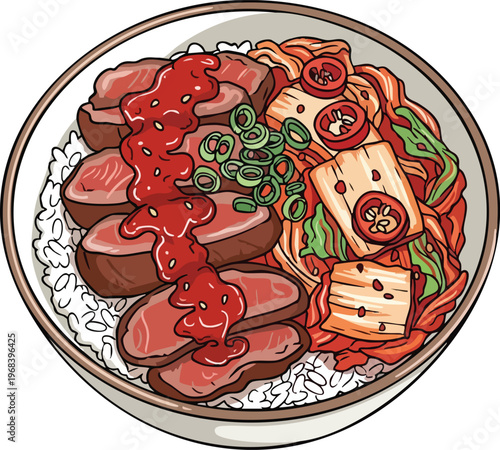 Delicious Korean Beef Bowl with Kimchi and Rice.