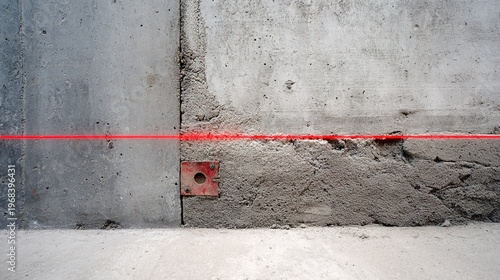 chro. A red laser line projected on a textured concrete wall at a construction site. real-estate listings.