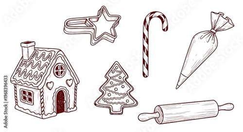 An outline sketch vector illustration of a festive holiday scene with a house, tree, star, candy cane, icing bag, and rolling pin.
