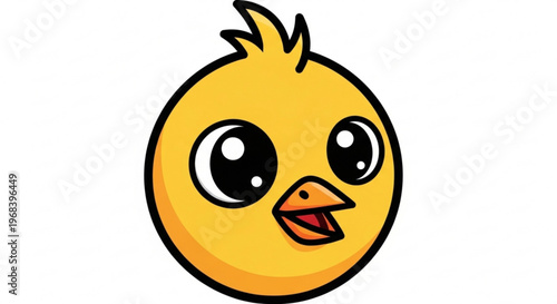 A cheerful cartoon chick with large eyes and an open beak