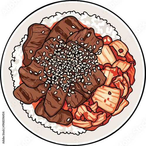 Delicious Korean Beef Bulgogi with Rice and Kimchi.