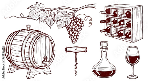 An outline sketch vector illustration of a wine barrel, grapes, and wine accessories on a table