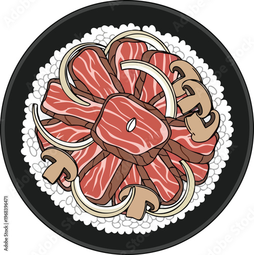 Delicious Raw Beef Slices with Mushrooms and Onions on Rice.