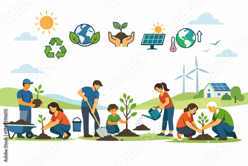 People Planting Trees and Sustainable Living with Renewable Energy Eco Friendly Lifestyle Concept