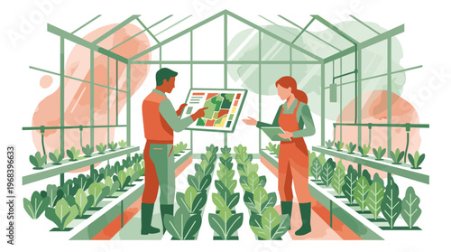 Two dedicated agricultural specialists analyze detailed crop data on a large digital interface inside a modern, sunlit greenhouse filled with rows of lush green plants.