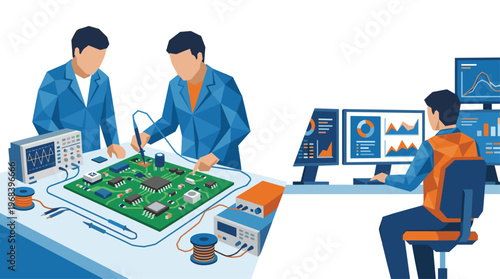 A diptych illustration contrasts meticulous hardware engineers testing a complex circuit board with a data analyst monitoring dynamic graphs on multiple computer screens.