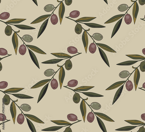 Vintage hand drawn olive branches seamless pattern. Vector illustration background.