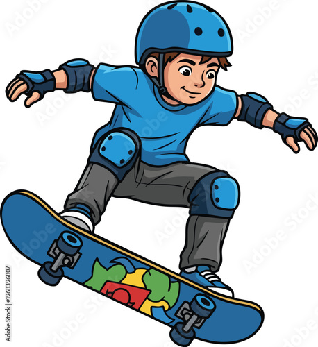 Young boy skateboarding with protective gear on a blue skateboard.