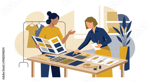 Two professional fashion designers collaborate in a bright studio, meticulously selecting fabric swatches and reviewing design sketches for their new clothing collection.