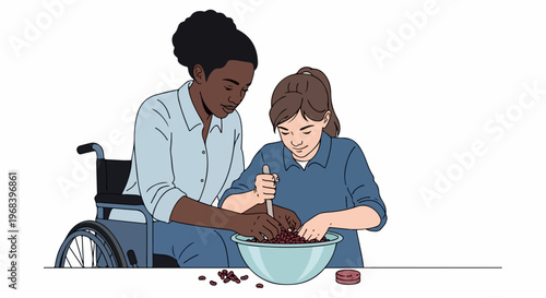 Women demonstrate caregiver assistance, one in wheelchair receives help mixing ingredients from supportive person. Caregiver assistance promotes independence,