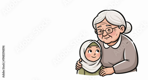 Illustration shows affectionate grandmother granddaughter embrace, elderly woman hugs smiling girl in hijab. Grandmother granddaughter bond symbolizes intergenerational love, cultural connection,