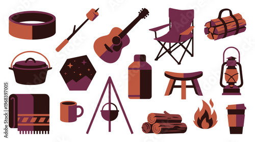 A charming collection of flat design camping and outdoor adventure icons, including a guitar, campfire, and lantern, is neatly arranged in a warm, earthy color palette.