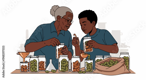 Grandmother and boy share home canning tradition, filling jars with fresh produce. Intergenerational duo focusing on home canning, preserving green and orange vegetables in glass jars.