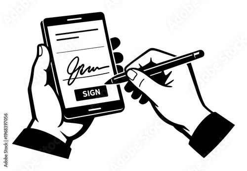 Hand holding smartphone while another hand signs an electronic document on screen with a stylus, representing digital approval and remote work