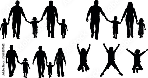 Black silhouettes of happy families walking holding hands with children and joyful kids jumping in various poses on white background