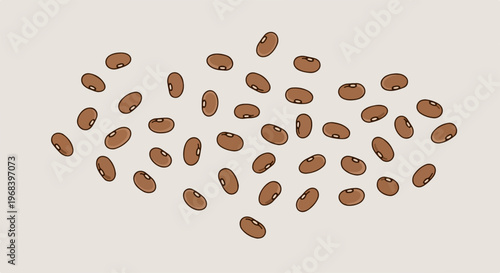 Scattered brown coffee beans on neutral background, illustrating fresh roasted aroma. Coffee beans arranged as natural texture, ready for brewing espresso or rich blend.