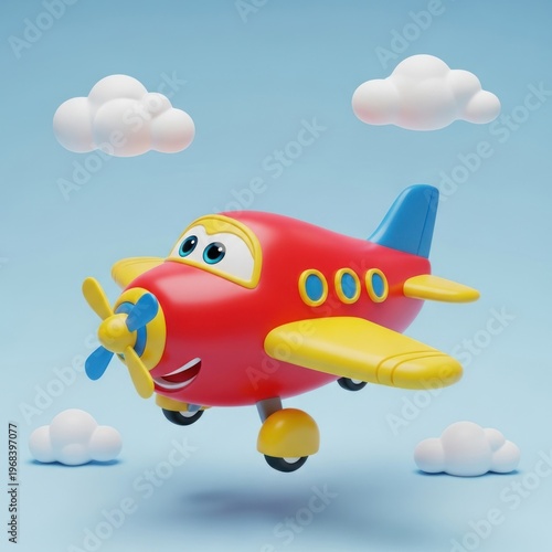 Cartoon airplane flying through the sky with clouds illustration