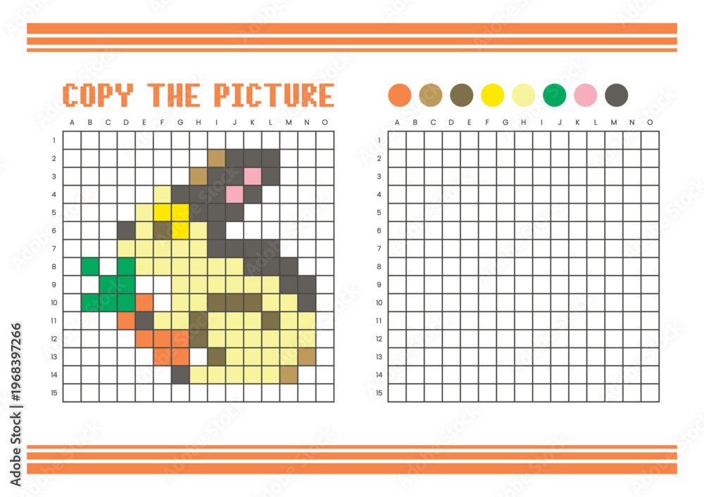 Fototapeta premium Copy the picture grid drawing worksheet for kids. Pixel art rabbit