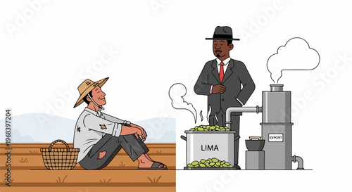 Illustration depicting global economy, showing farmer with raw materials, businessman with industrial processing unit. Global economy illustrates product journey from humble production to profit.