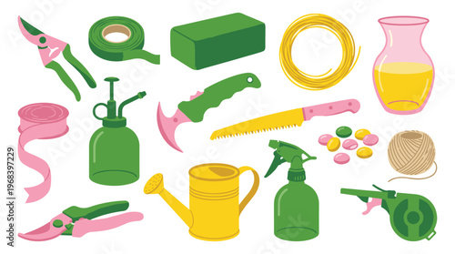 A complete set of colorful florist and gardening tools, including pruning shears, floral foam, and a watering can, is meticulously arranged on a clean white background.