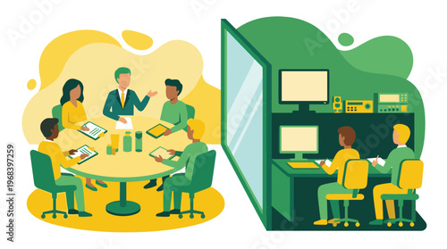 A detailed illustration depicts a business focus group discussion at a round table, being observed by researchers in a separate control room through a one-way mirror.