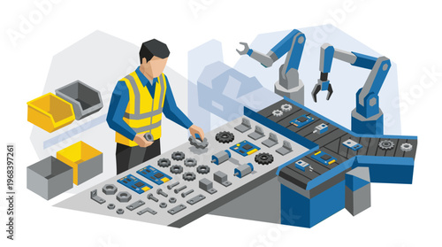 An isometric illustration shows a factory worker assembling components at a workbench while robotic arms assist on a modern automated production line in a smart factory.