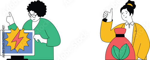 Two women showcasing a digital design and a colorful vase with thumbs up gestures expressing approval and satisfaction