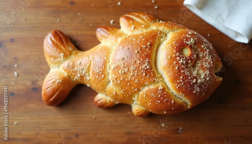 Golden brown fish shaped bread on wooden table. Baked pastry sprinkled with crumbs, homemade baked good. Delicious breakfast or snack, festive food art.