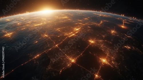 Futuristic global network connection with glowing lines connecting cities on Earth