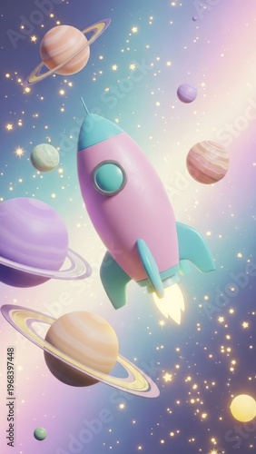 Cartoon rocket ship soaring through a dreamy galaxy surrounded by planets and stars