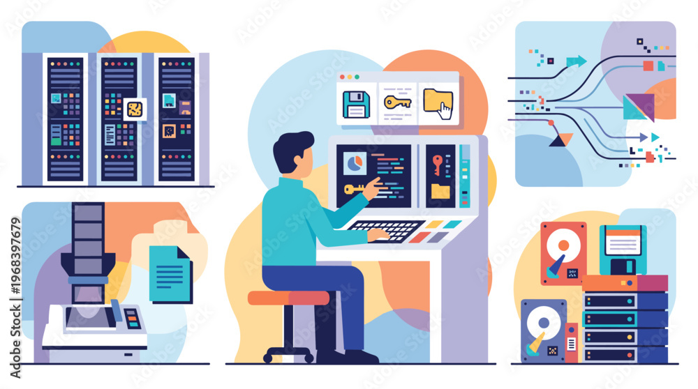 Fototapeta premium A comprehensive set of flat design illustrations showing various aspects of data management, including server racks, a technician at a console, and data processing concepts.