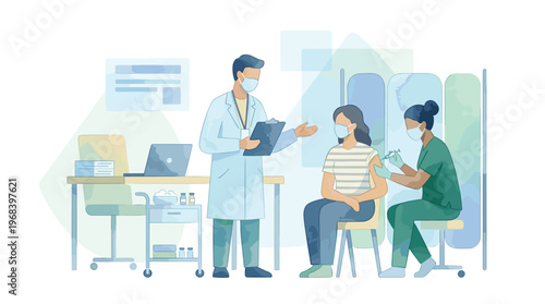 A compassionate medical scene illustrated in a soft watercolor style showing a healthcare professional administering a vaccine to a patient in a clinical setting.