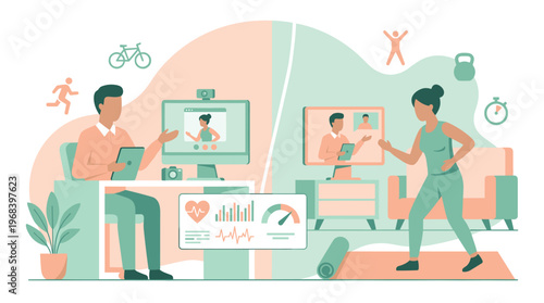 A modern flat illustration depicting a man providing online fitness coaching to a woman exercising in her living room, highlighting remote health and wellness technology.
