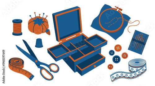 A beautifully organized sewing and craft kit featuring a cantilever box, scissors, and thread, illustrated in a bold blue and orange color palette on a white background.
