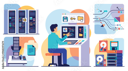 A comprehensive set of flat design illustrations showing various aspects of data management, including server racks, a technician at a console, and data processing concepts.