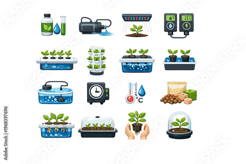 Smart Gardening Icon Set with Hydroponics Irrigation Plant Growth and Indoor Farming