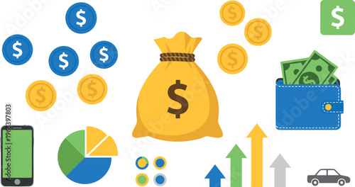 Finance and money vector icon set with coins wallet cash bag charts and mobile payment symbols business illustration design
