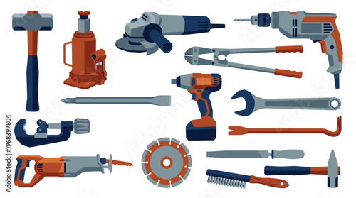 A powerful set of heavy-duty construction and automotive tools, including a sledgehammer, angle grinder, and impact driver, is displayed on an isolated background.