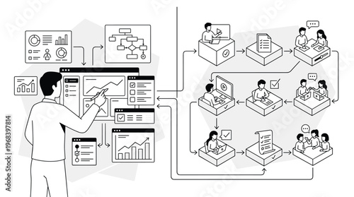 A detailed line art illustration depicts a project manager interacting with a digital dashboard to optimize a complex business workflow and team collaboration process.